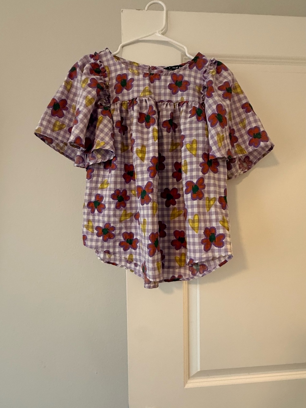 Purple Gingham Floral Puff-Sleeve Blouse